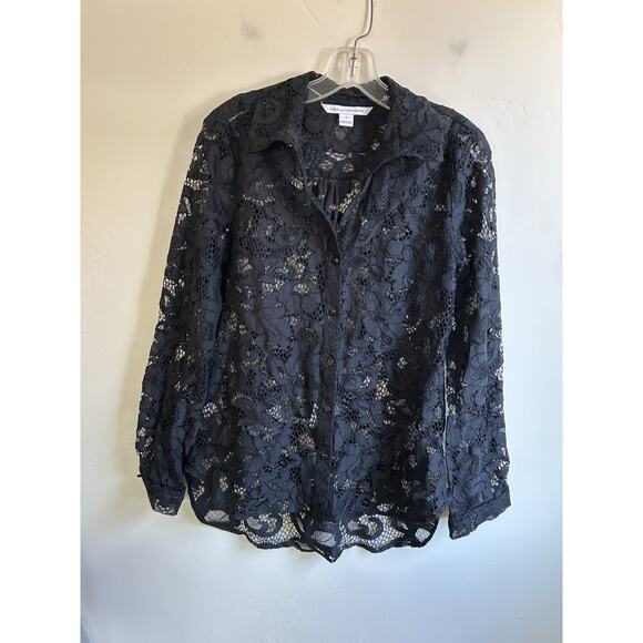 Diane von Furstenberg DVF Black Lace Blouse women's 6 Button Down Sheer LS - Picture 9 of 15